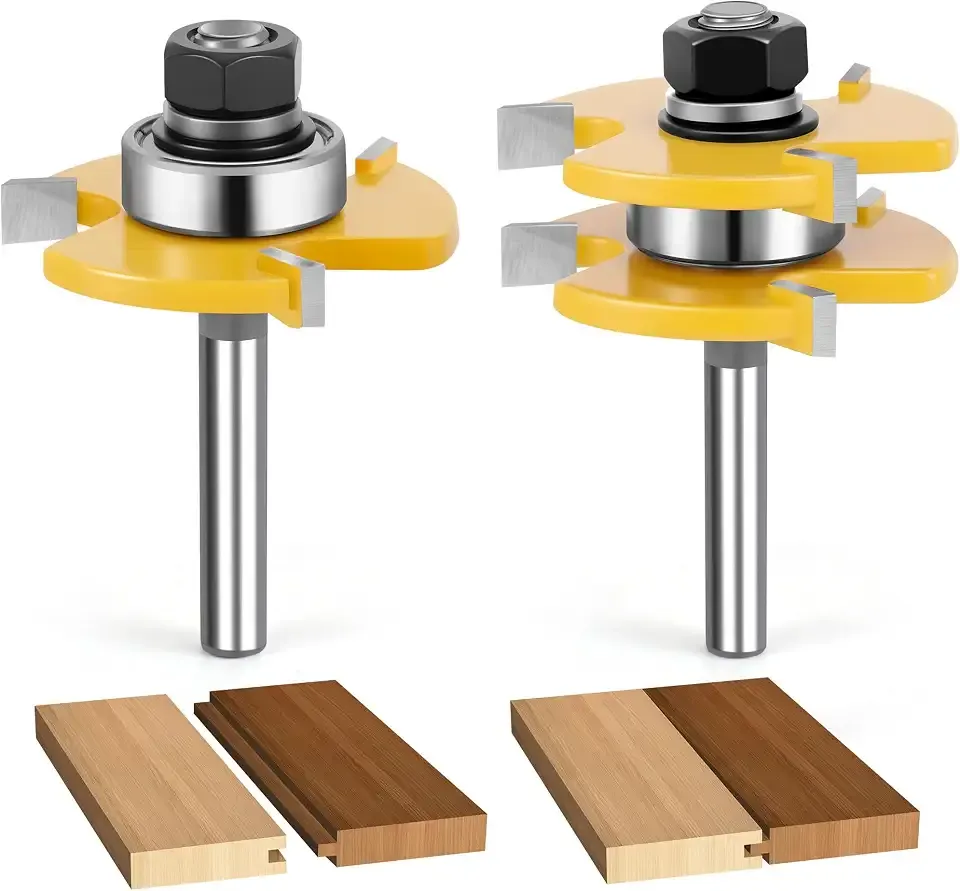 Junreox 2PCS Tongue and Groove Router Bit Set, 3rd Gen. 1/4 Shank Router Bits for 3/4" Stock, 1/2" Cutting Depth, Adjustable 3 Teeth Shaker Cabinet Door Router Bits for Woodworking, Milling, Cutting