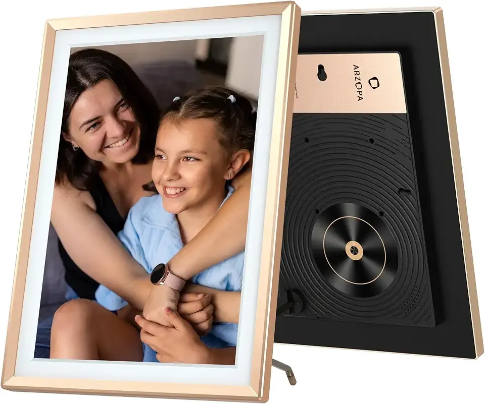 ARZOPA D14 Metal Digital Picture Frame with Large Display 14" HD IPS Anti-Glare Touch Screen Load Photos & Videos Directly from Phone Exquisite Decoration Ideal for Upscale Gifting - Champagne Gold