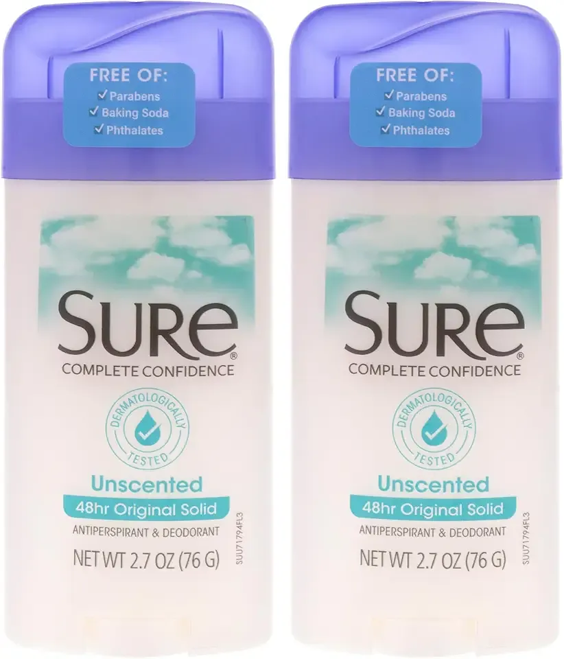 Original Solid Anti-Perspirant Deodorant - Unscented by Sure for Unisex - 2.7 oz Deodorant Stick - Pack of 2