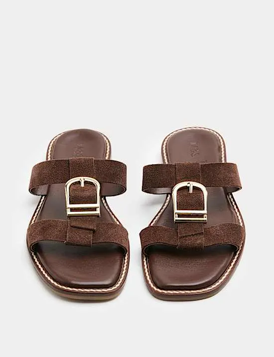 Suede Buckle Flat Mule Sandals