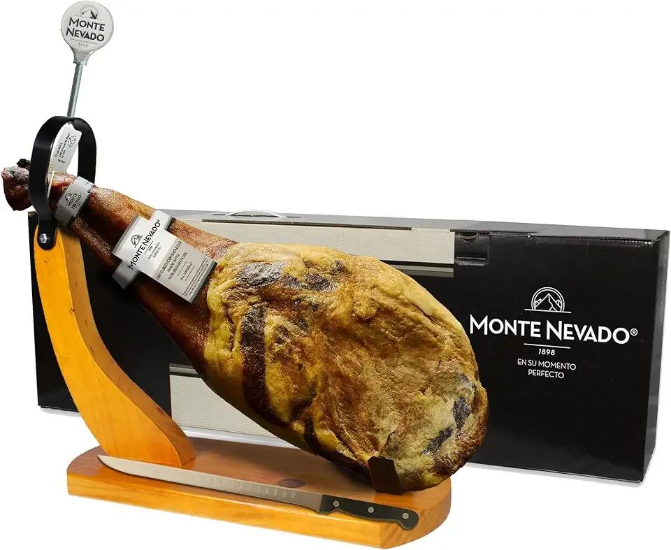 Monte Nevado Jamon Iberico (Shoulder) - Grain Fed - Ham Stand and Knife Included - Min. Weight 10.5 lb, 24 Months Avg. Curing Time - 50% Iberico Ham Spain Cebo - Great Family and Friends Gift