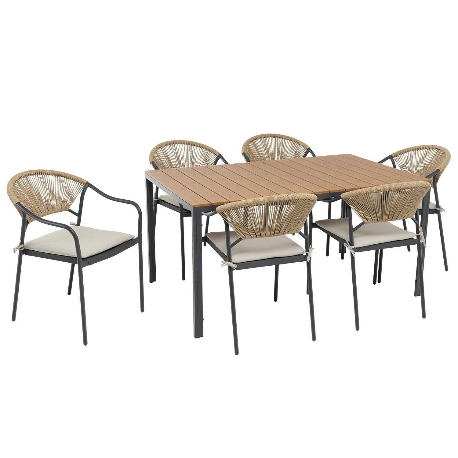 Set da giardino 7 pezzi Tavolo con 6 Sedie struttura in Acciaio Antracite, braccioli con cuscini inclusi e Top in Polywood