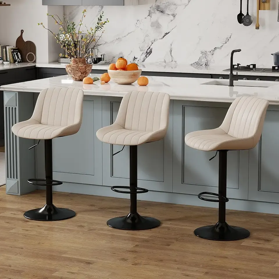 Youhauchair Adjustable Faux Leather Bar Stools Set of 3, Beige