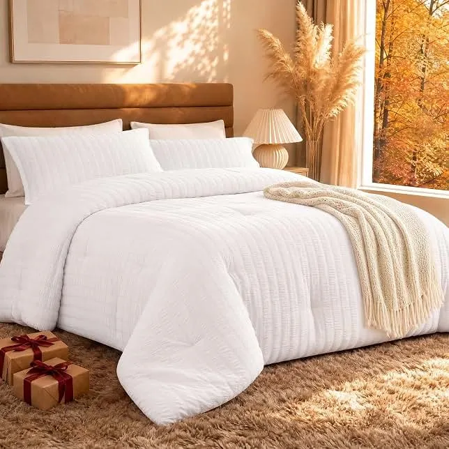 Quataly White Comforter King Seersucker Lightweight Bed Set All Season | 3PCS White Bedding Set with 1 Elegant Comforter (104"x90")…