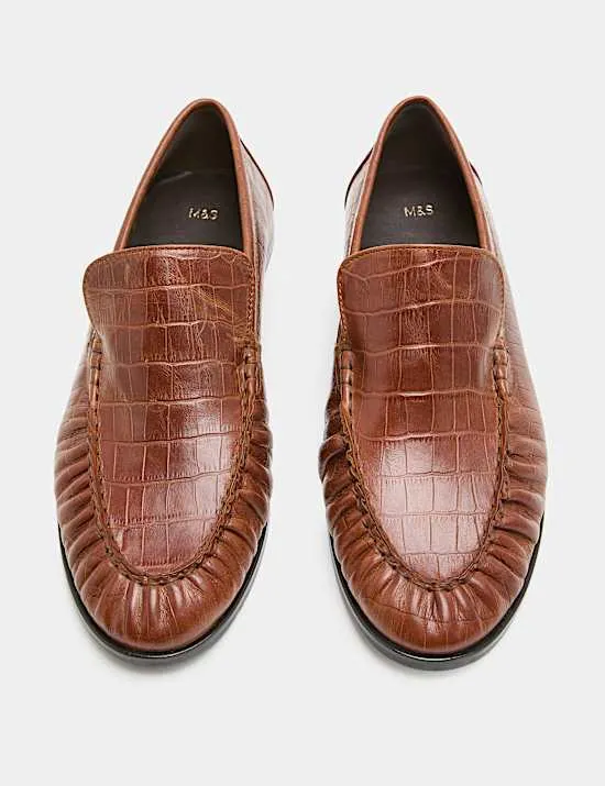 Leather Croc Ruched Loafers