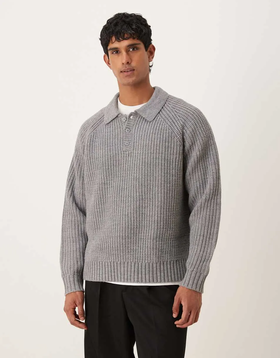ASOS DESIGN oversized heavyweight knitted wool blend rib polo jumper in grey marl