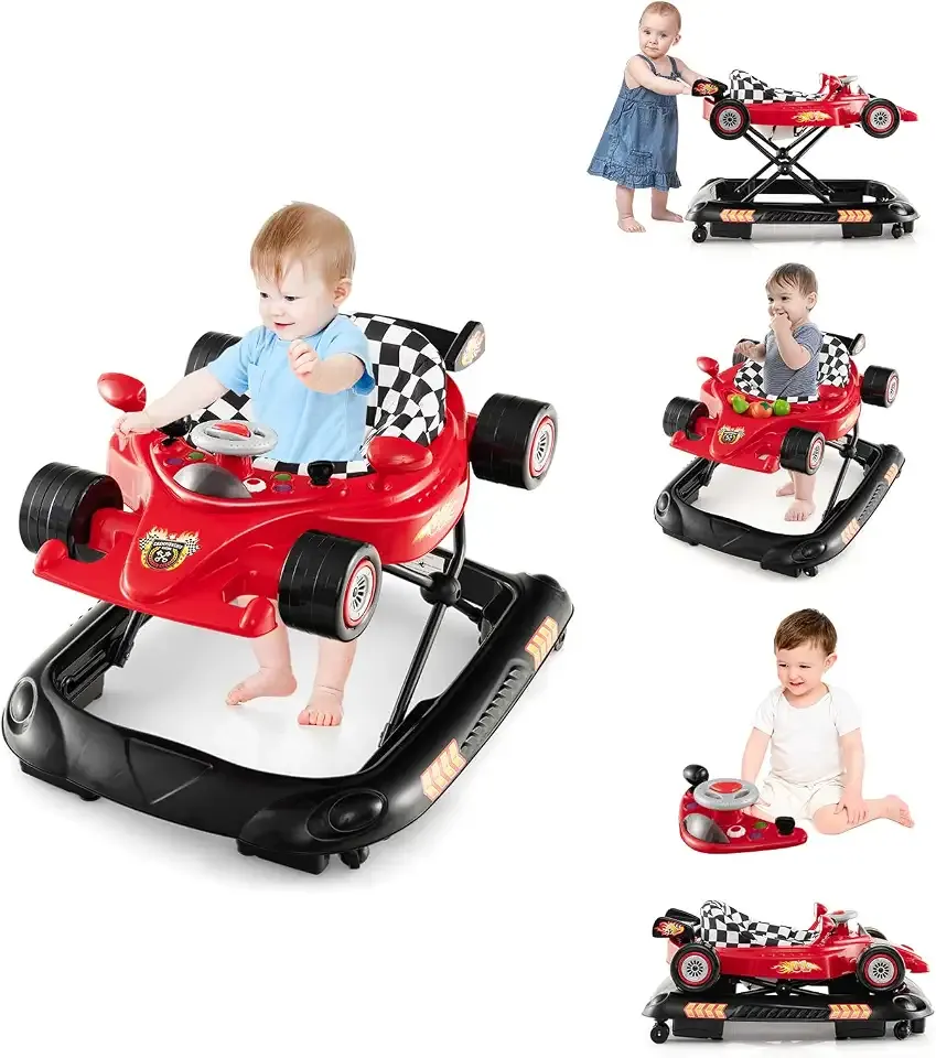 BABY JOY 4-in-1 Baby Walker, Foldable Activity Walker with Adjustable Height, Music & Lights, Anti-Rollover, Toddler Push Walker, Baby Walker with Wheels for Boys Girls 6-14 Months (Red)