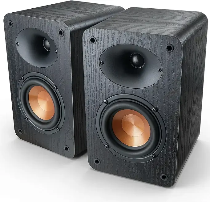 RIOWOIS Passive Bookshelf Speakers, Home Stereo Speakers for Record Player | Silk-Dome Horn Tweeter, 4 inch Woofer, Gold-plated Terminals, Speaker Wires not Included, Dual Bass Reflex Ports, 4Ω