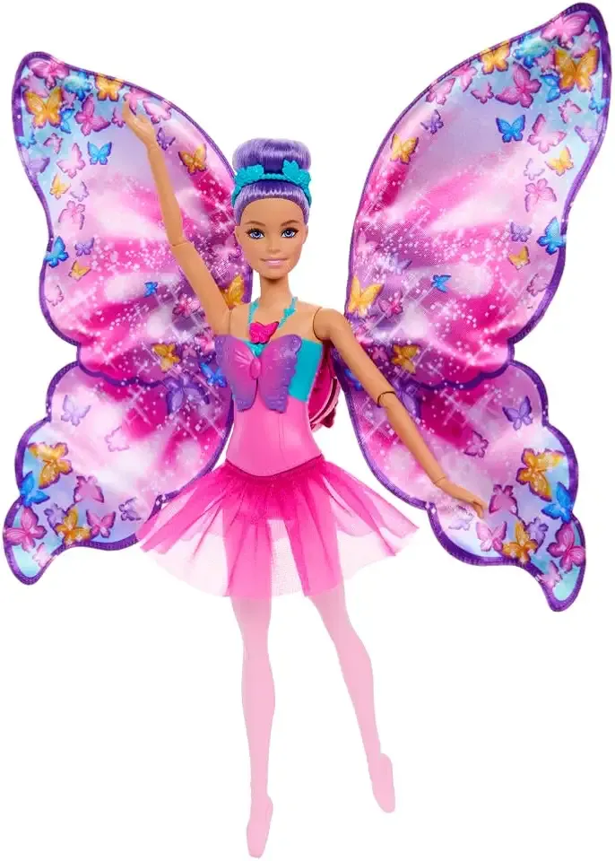 Dance and Flutter Doll with 2-in-1 Transformation from Dancer to Butterfly with Opening Wings, Purple Hair, Headpiece & Removable Tutu