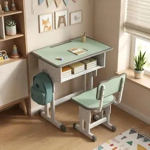 Escritorio infantil regulable en altura con silla ergonómica, set escolar estable de acero y madera