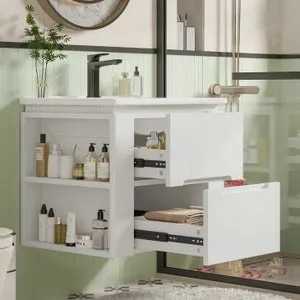 Mueble de baño suspendido 61x46x48,5cm, lacado blanco, iluminación LED con sensor de radar, lavabo integrado, moderno