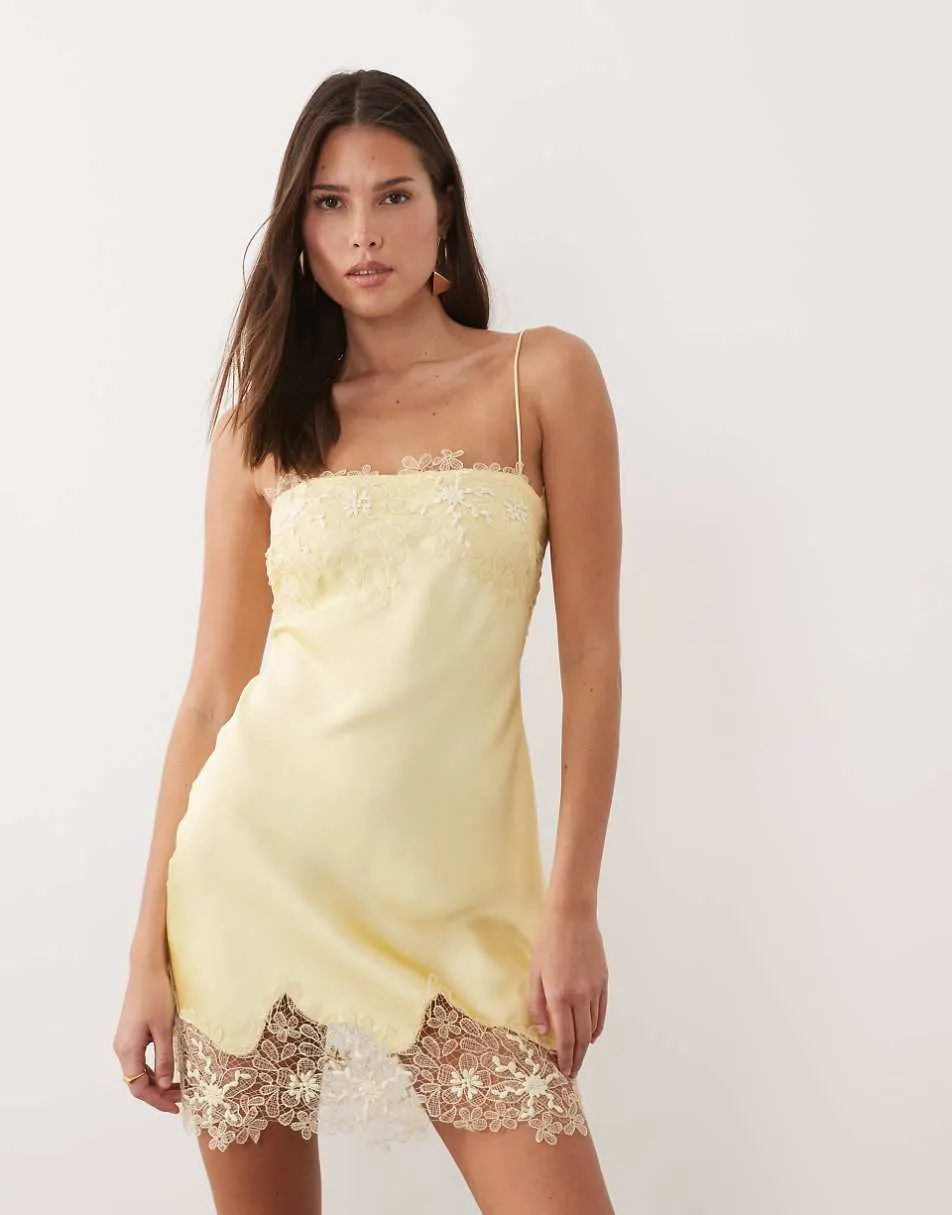 ASOS DESIGN satin bias lace applique mini dress in buttermilk yellow