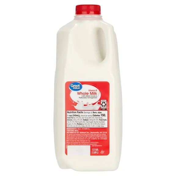 10K+ bought since yesterday, Great Value Milk Whole Vitamin D, Half Gallon, 64 fl oz $2.06 3.2 ¢/fl oz