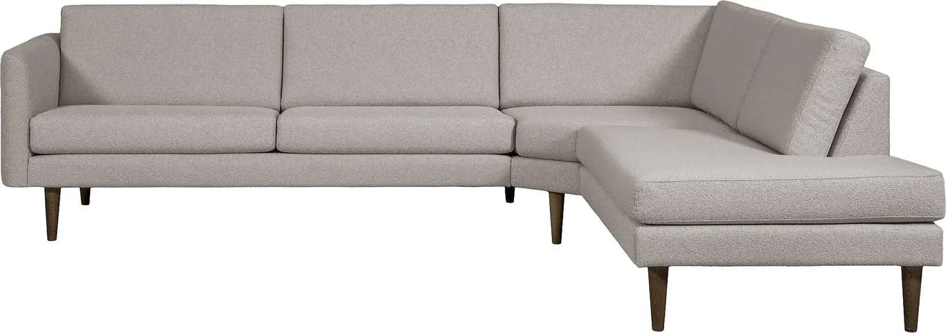 Hjellegjerde Høy hjørnesofa 3 seter + stort hjørne + endemodul, armlen 28, stoff Domino light beige