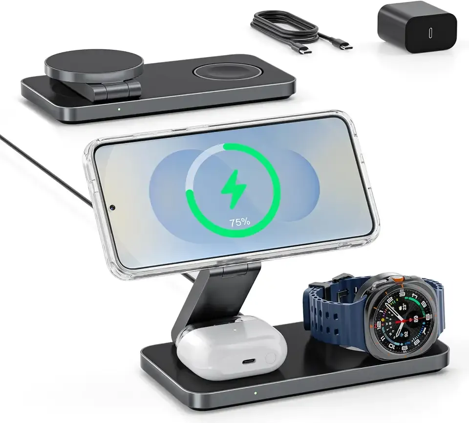 3-in-1 Charging Station for Samsung, Magnetic Fast Wireless Charger Stand Compatible with MagSafe for Galaxy S26/S25/S24/S23/Z Fold/Flip8 Series, Galaxy Watch Ultra/8/7/6/5, Galaxy Buds Pro/4/3/2