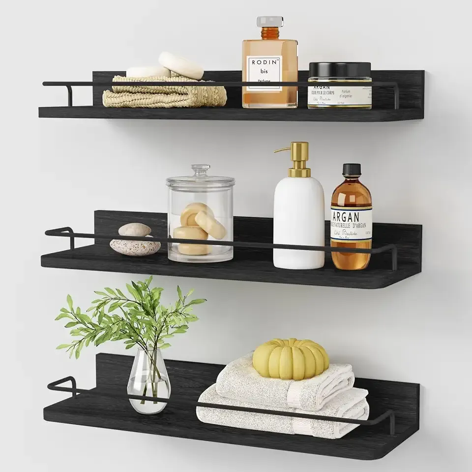 Black Floating Shelves for Wall, Bahtroom Wall Shelves Over Toilet, Rustic Hanging Shelf with Lip Rail for Bedroom Kitchen Office Living Room Picture Photo Decor, 17 Inch Long-Set of 3