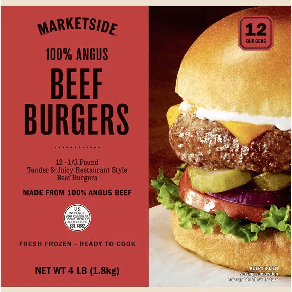 Rollback Marketside 100% Angus Beef Burgers, 4 lb, 12 Count (Frozen) $19.97 Was $24.97 $4.99/lb