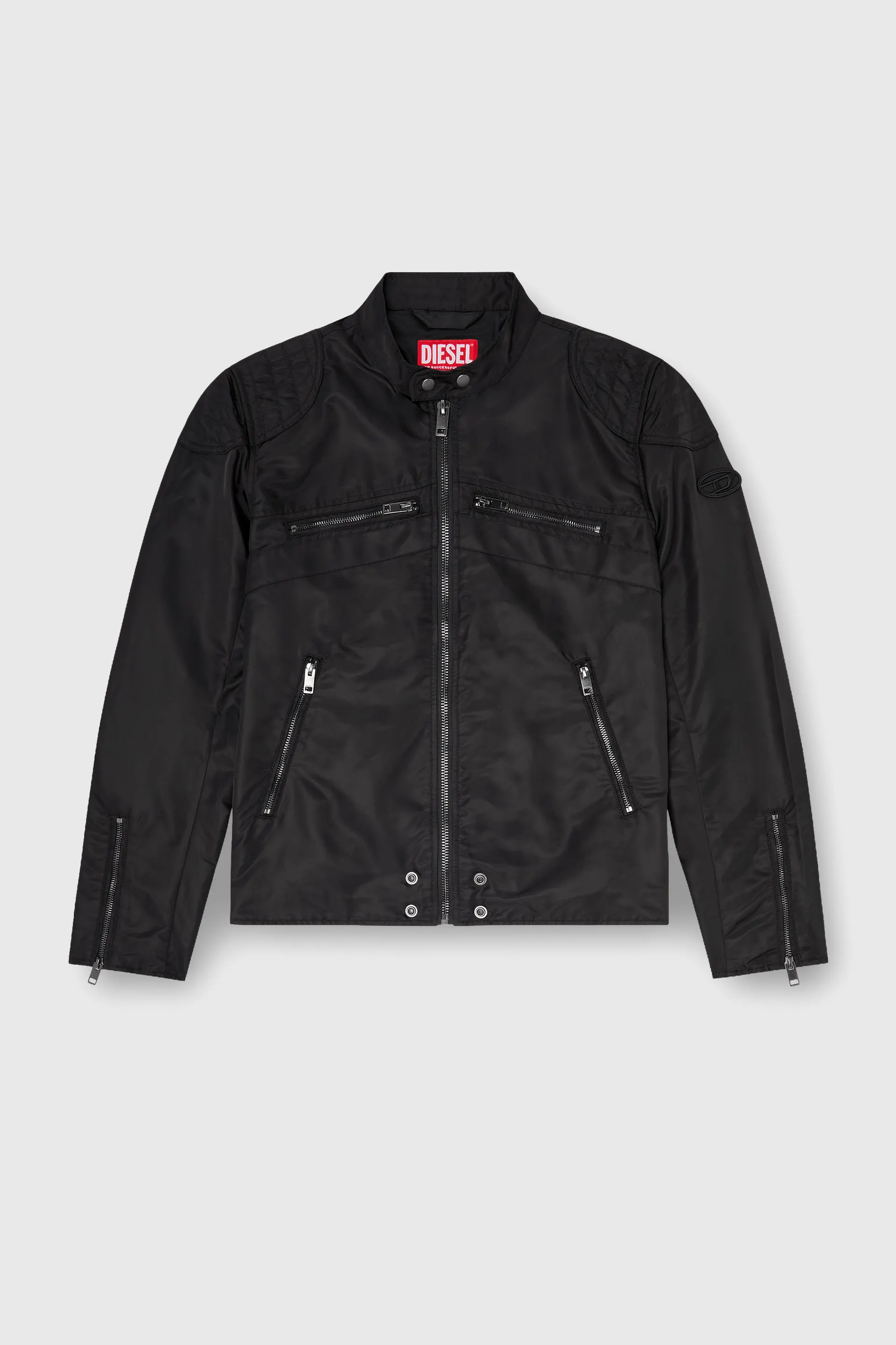 Nylon jacket with quilted shoulders and zip pockets