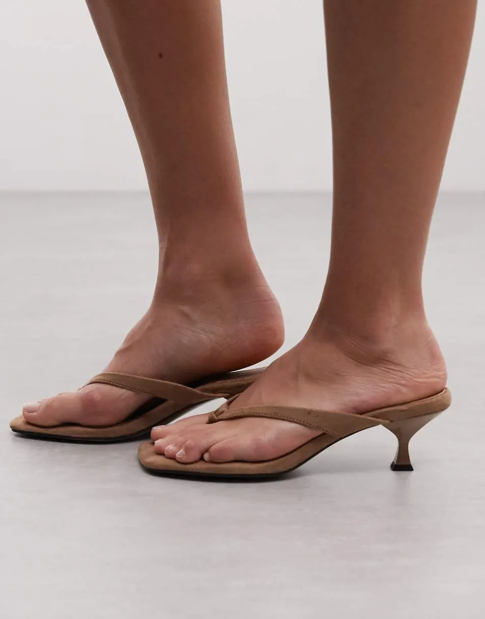 ASOS DESIGN Havana toe thong kitten heel sandals in taupe suedette