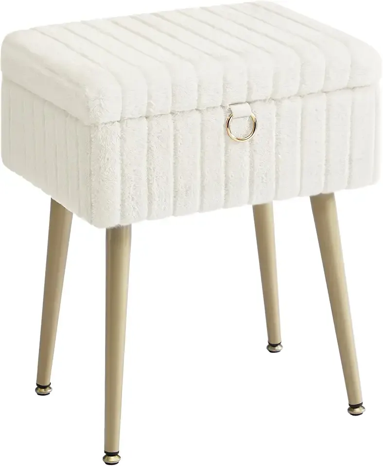 Vanity Stool Chair with Storage, Makeup Stool, Footrest Footstool Ottoman, Metal Legs, Adjustable Feet, for Living Room, Bedroom, Makeup Room, Cream White ULOM505WZ02