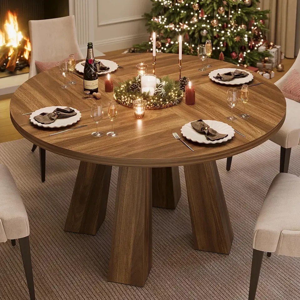 IDEALHOUSE 47" Round Dining Table for 4-6, Wood Kitchen Table with Sturdy Base, Farmhouse Circle Dinner Table for Dining Room, Living Room, 4 Strong Legs, Walnut