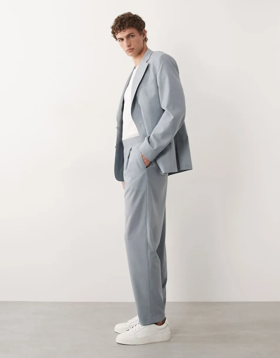 ASOS DESIGN premium relaxed tapered suit trousers in light blue linen and wool