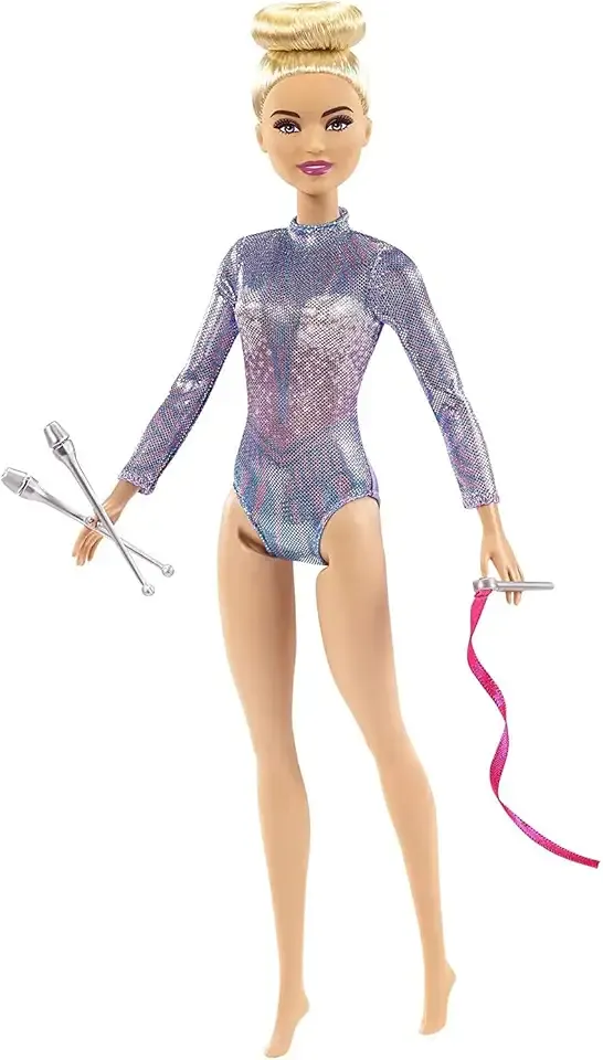 Rhythmic Gymnast Blonde Doll (12-in/30.40-cm) with Colorful Metallic Leotard, 2 Clubs & Ribbon Accessory, Great Gift for Ages 3 Years Old & Up