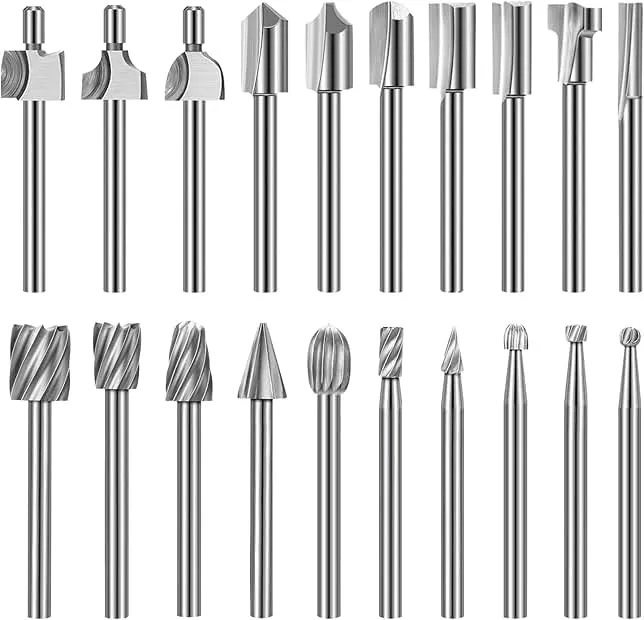 Wood Carving Bits Engraving Router Bit, 20pcs HSS Different Rotary Burr Set with 1/8"(3mm) Shank for Rotary Tools for DIY Woodworking, Carving, Drilling, Engraving, Trimming