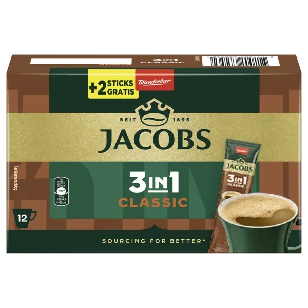 Jacobs 2in1, 3in1 löslicher Kaffee verschiedene Sorten Jacobs 3in1 Classic, Caramel, Milka, Jacobs 2in1 Classic + 2 Sticks GRATIS 216-111 g Packung (1 kg = 9.20-17.93)
