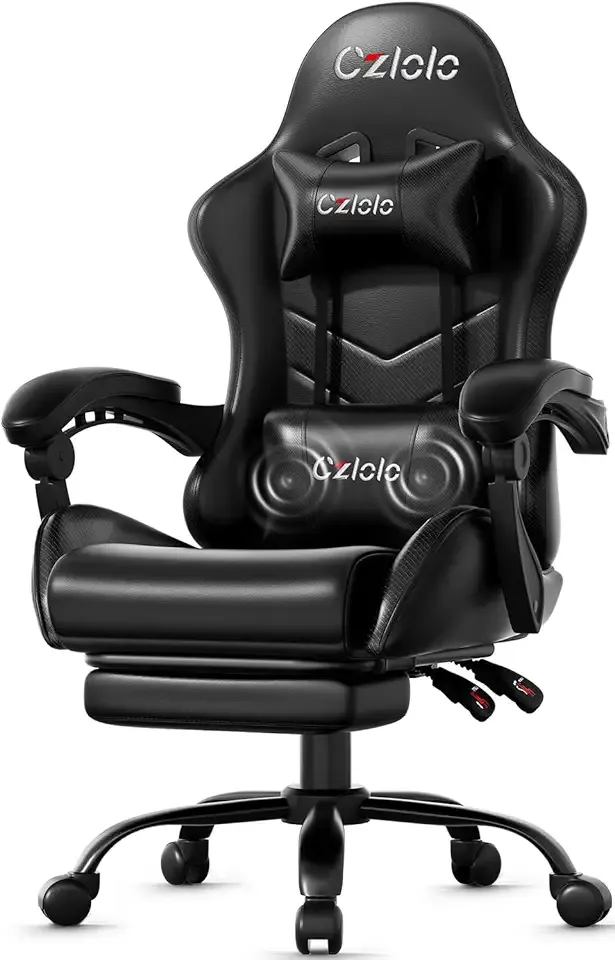 Czlolo Gaming Chair, Ergonomic Office Computer Chair with Footrest and Lumbar Support Massager Racing Style High Back Video Gamer Chair, Wide&Thick Cushion, 90°-135° Recline, Adjustable Height, Black