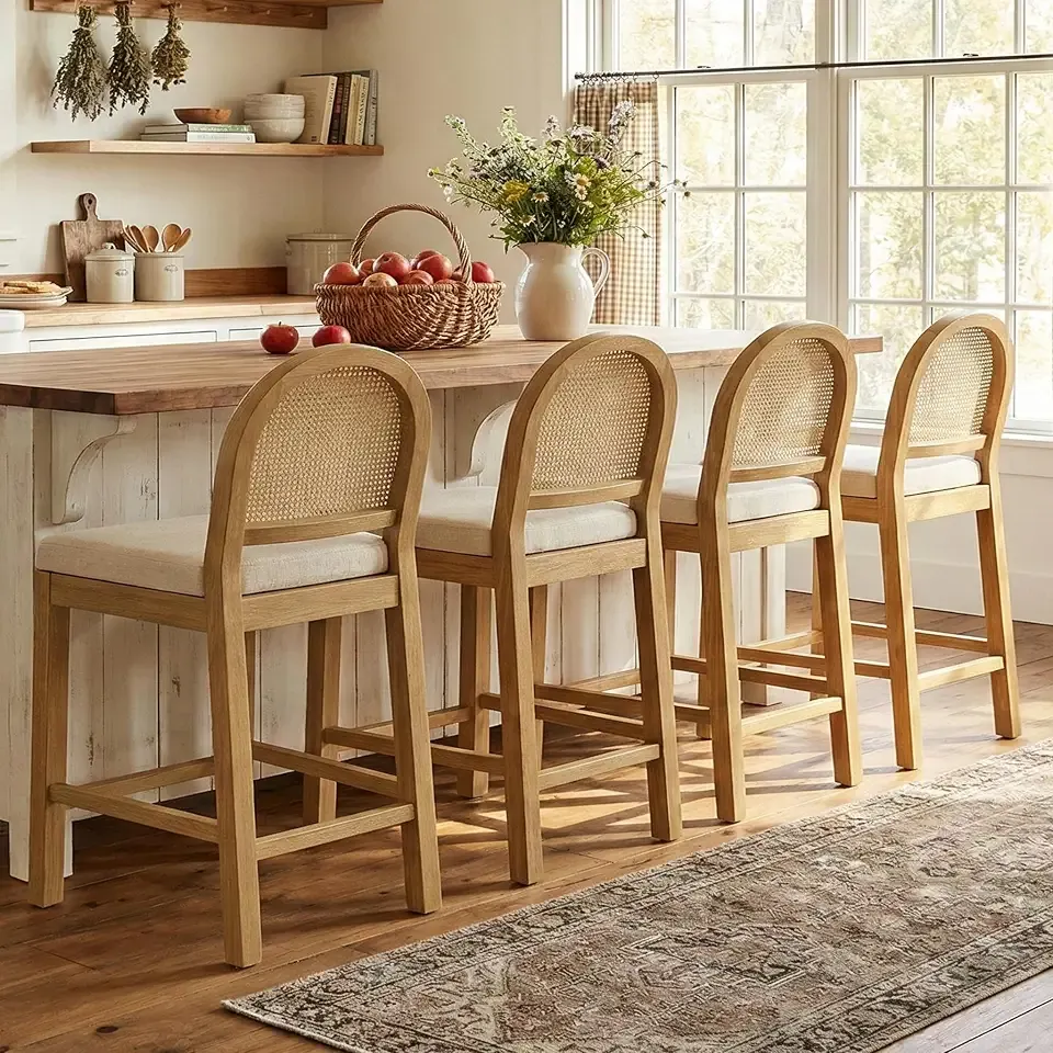 Upholstered Wooden Rattan Bar Stools Set of 4, Island Chairs (Cream White) | STHOUYN, Counter Height, Solid Wood, Rattan Woven Back, Faux Leather Seat, Mid-Century Modern, Kitchen