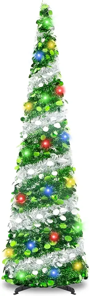 5Ft Pop Up Christmas Tree with Lights, Collapsible Pencil Tree Green Silver, Skinny Christmas Tree Slim Xmas Tree, Artificial Tinsel Tree Foldable for Home Apartment Holiday Party Winter Decor