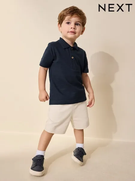 Navy Short Sleeve Textured Polo Shirt and Shorts Set (3mths-7yrs)