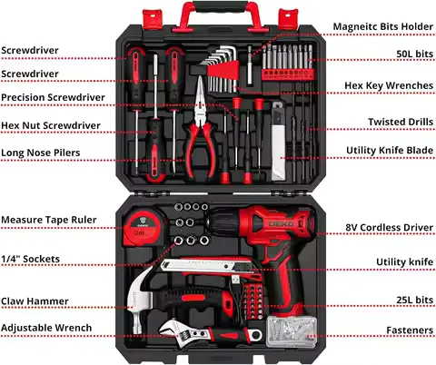 DEKO Drill Set Tool Set with 8V Red Cordless Drill, Home Tool Kit with Drill, Hand Tool Kits for Women 126 Piece