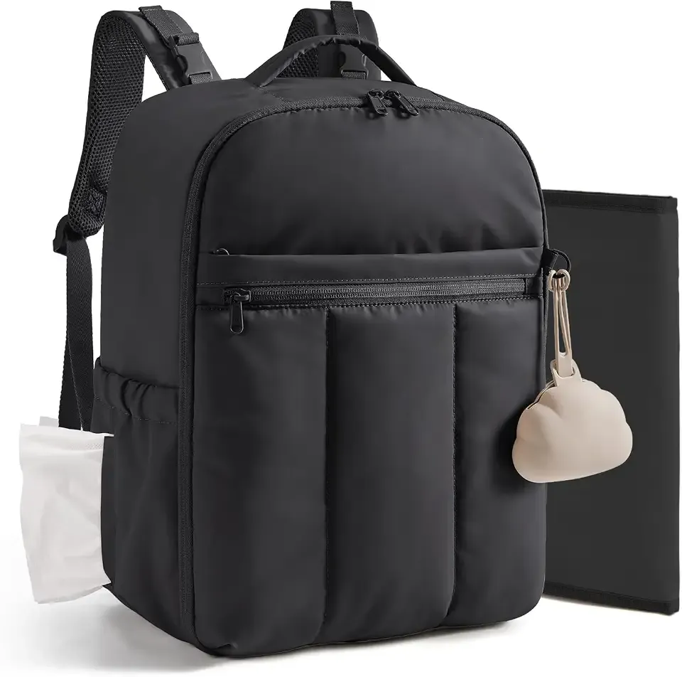 BAGSMART Baby Diaper Bag Backpack, Lightweight Puffy Diaper Bag with Insulated Pockets& Pacifier Case, Travel Stroller Straps with Waterproof Changing Pad, Black