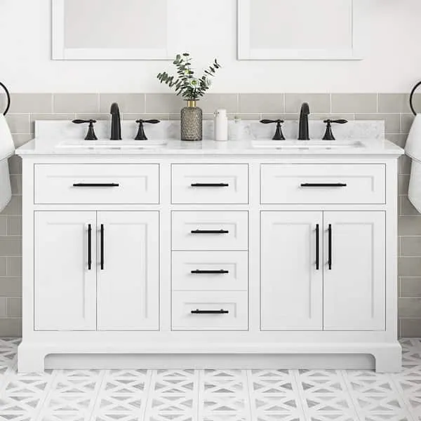 Home Decorators Collection Doveton 60 in. Double Sink Freestanding White Bath Vanity with White Engineered Marble Top (Assembled)