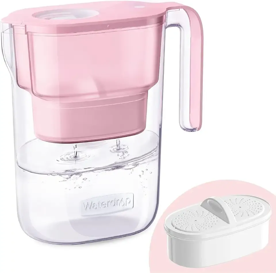 Waterdrop PT-05P Water Filter Pitcher, 7-Cup Capacity, NSF Certified, Pink | 5X Longer Filter Life, Up to 200 Gallons, for Fridge, Countertop, and Gift Giving, Reduces PFOA/PFOS, Chlorine