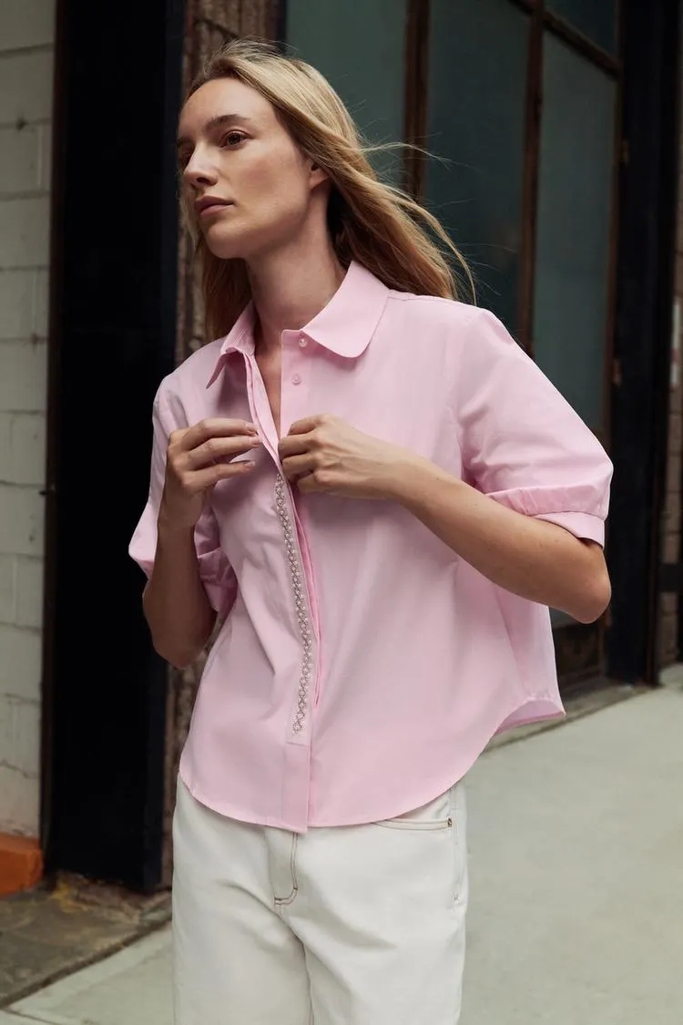 FAUX PEARL POPLIN SHIRT