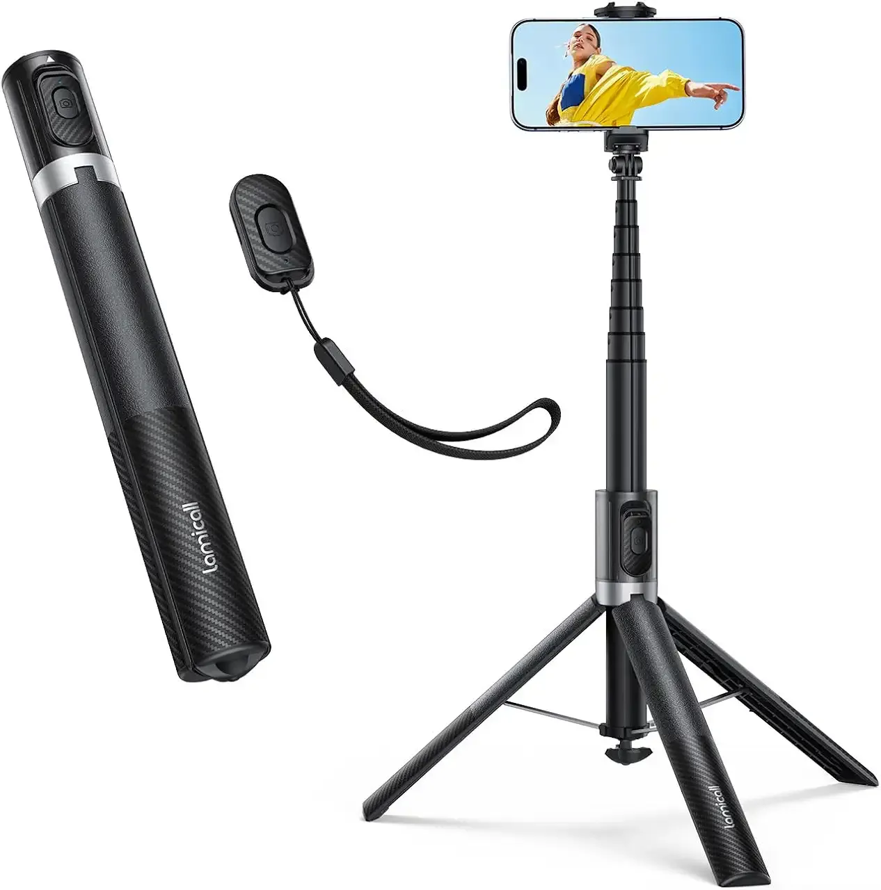 Lamicall [One Pull Close] Phone Tripod for iPhone, 65" Selfie Stick Tripod with Remote & Cold Shoe, Ultralight Phone Stand for Recording for Travel Live Stream Vlog fit iPhone 17 Pro Max Android Black