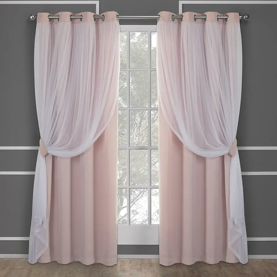 TOWN & COUNTRY LUXE Talia Double Layer Indoor Curtains, Sheer and Room Darkening Blackout, Grommet Top, Energy Efficient, 2-Pack Set, 52"x84", Rose Blush