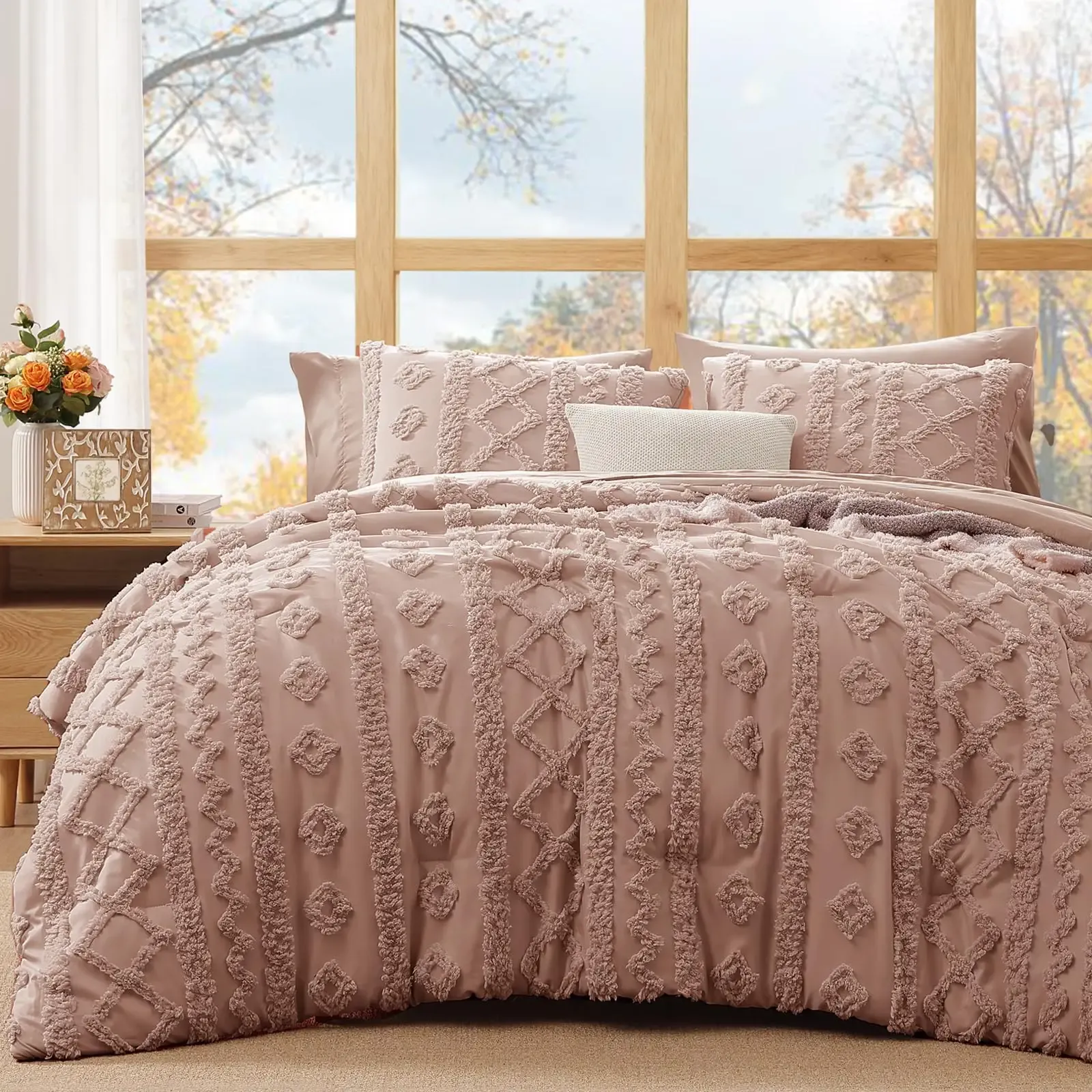 Queen Size Comforter Set- 7 Pieces Tufted Bed in a Bag Queen Bedding Sets | All Season Shabby Chic Boho Bedding with Comforter, Sheets, Pillowcases & Shams, Rusty Pink