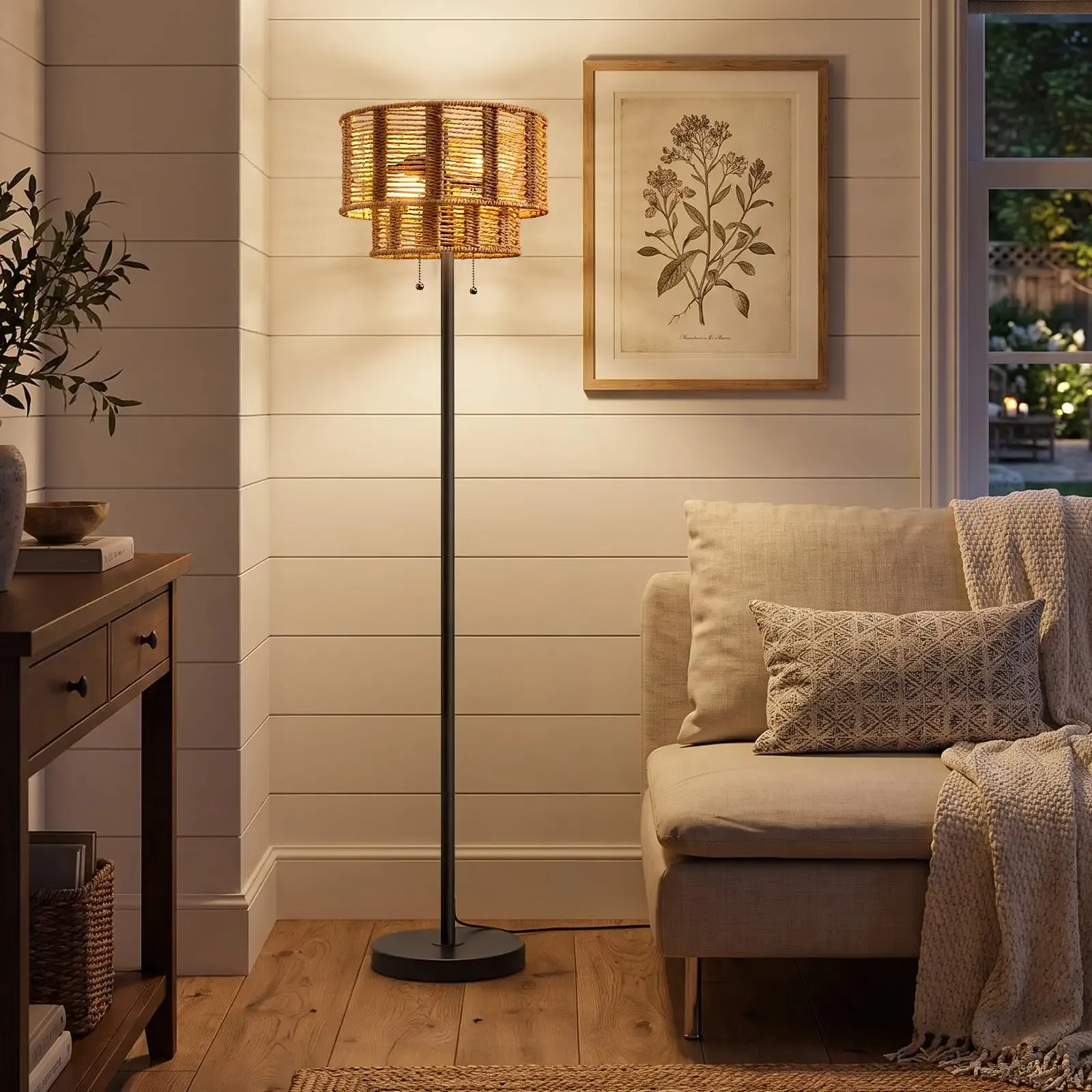 60" Farmhouse Floor Lamps for Living Room, Pull Chain&Rattan Shade | Modern Boho Standing Tall lamp, Metal Base&Pole, Hand-Woven Lampshade, Decor for bedroom, bedside, Nursery, Office, Black