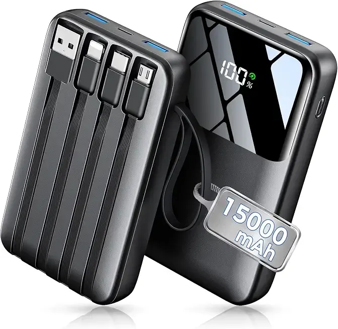 HELLEE 15000mAh Portable Charger Power Bank, 45% Smaller Built-in 4 Cables