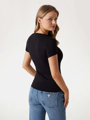 Guess Glitter Degrade Logo Tee In Jet Black