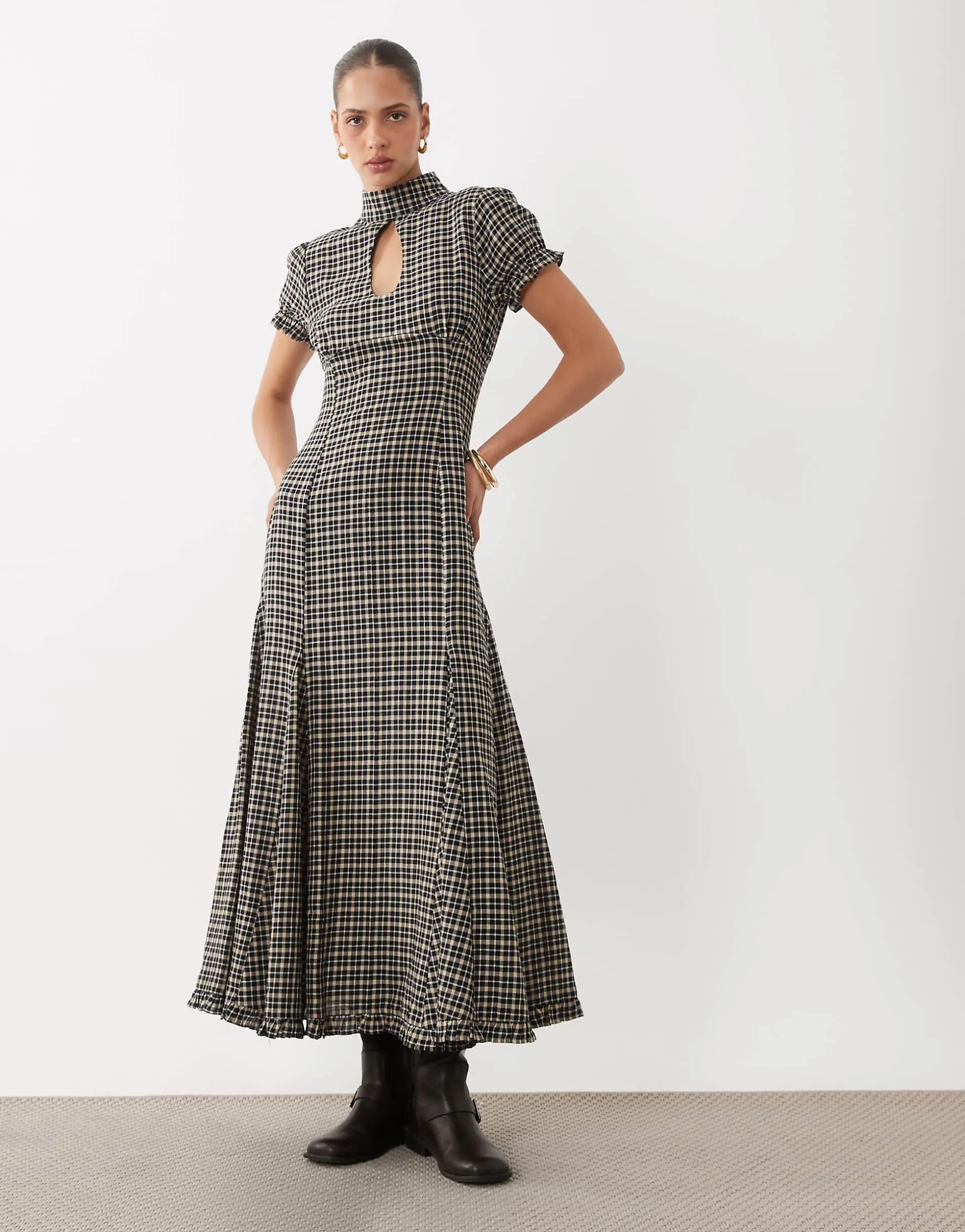 ASOS DESIGN maxi tea dress with ruffle hem in brown check
