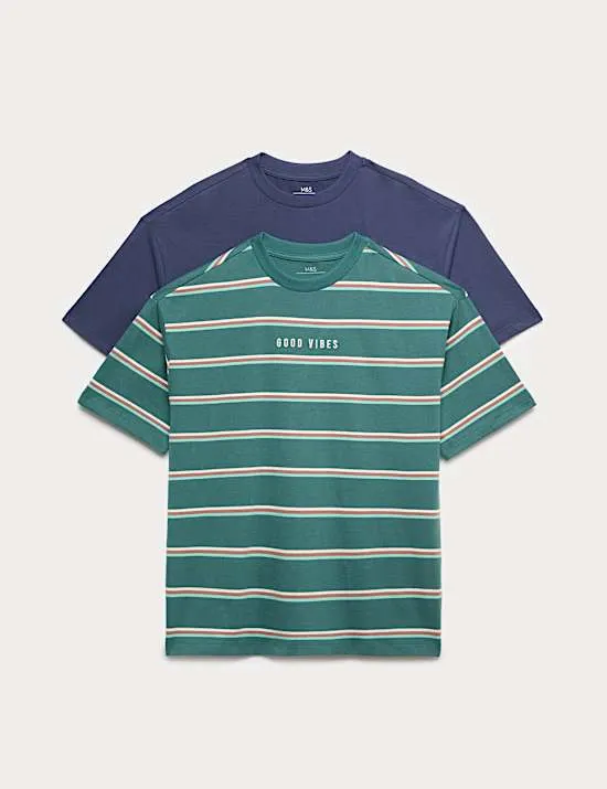 2er Pack T-Shirts aus reiner Baumwolle mit Schriftzug „Good Vibes“ (6–16 Jahre)