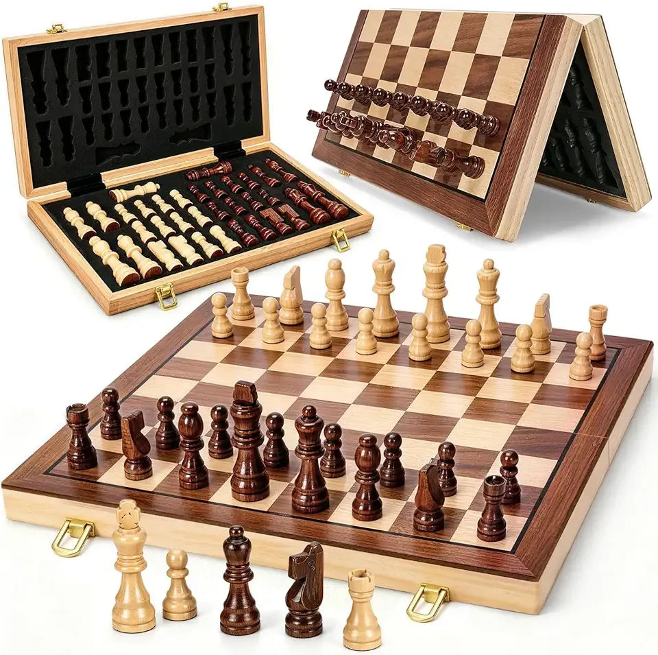 Magnetic Wooden Chess Set for Adults Kids, 15" Folding Chess Boards with 2 Extra Queens, Portable Travel Chess Sets with Pieces Storage Slots, Beginner Chess Game Set for Kids, Adults