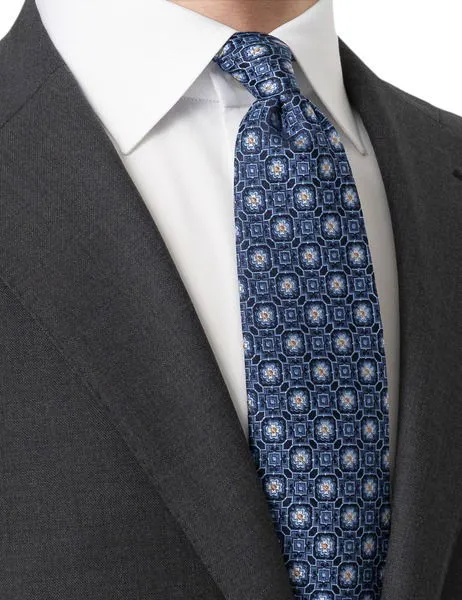 Medallion Woven Silk Tie Navy Blue