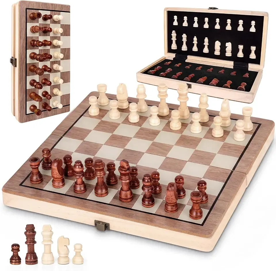 12" Magnetic Wooden Chess Set Folding Travel Chess Board Kids Gift