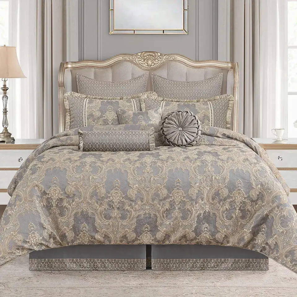 Loom and Mill 9-Piece Luxury Jacquard Comforter Set, Gray+Beige Brown, King | Royal Elegant Damask Bedding Set, King Size Comforter Sets with Bed Skirt, Euro Shams, Decorative Pillows for All Season